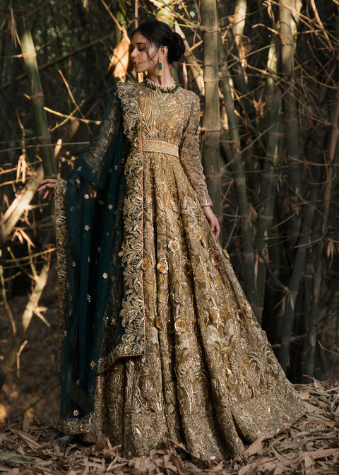 Pakistani Golden Bridal Dress with blue dupatta 