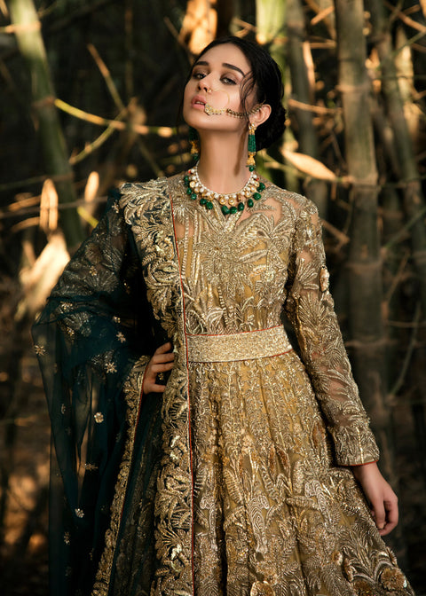 Pakistani Golden Bridal Dress with blue dupatta 