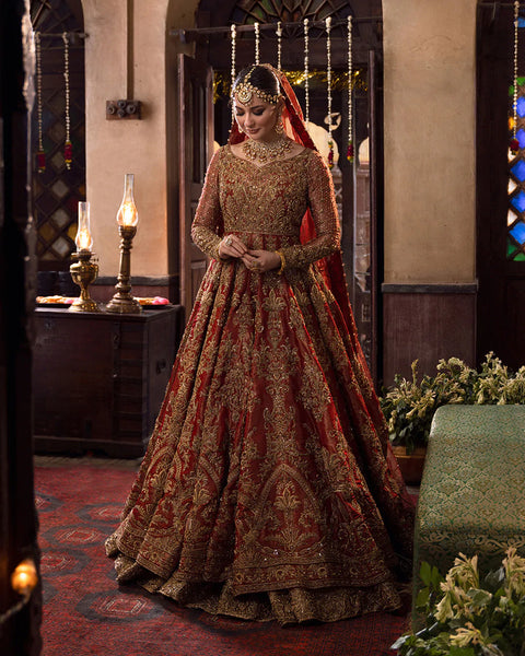 Bridal Red Pakistani Dress In Pishwas Frock And Lehenga Style