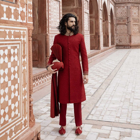 Red Sherwani Turban Dress for Pakistani Groom Dresses