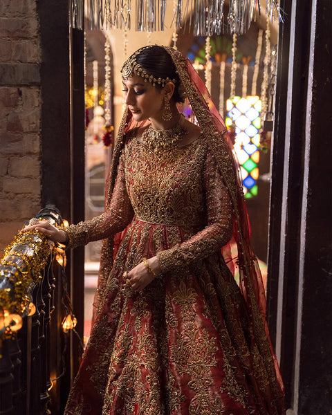 Bridal Red Pakistani Dress In Pishwas Frock And Lehenga Style