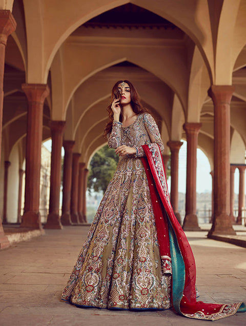 Pakistani Bridal Golden Dress with Red Dupatta  