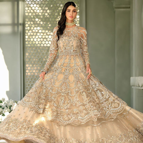 Peach Skin Lehenga Gown Pakistani Bridal Dresses