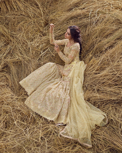 Bridal Yellow Pakistani Gharara Kameez Dress (Famya)