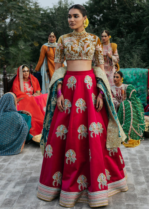 Pakistani Bridal  Dress Red Lehenga Yellow Choli and blue dupatta