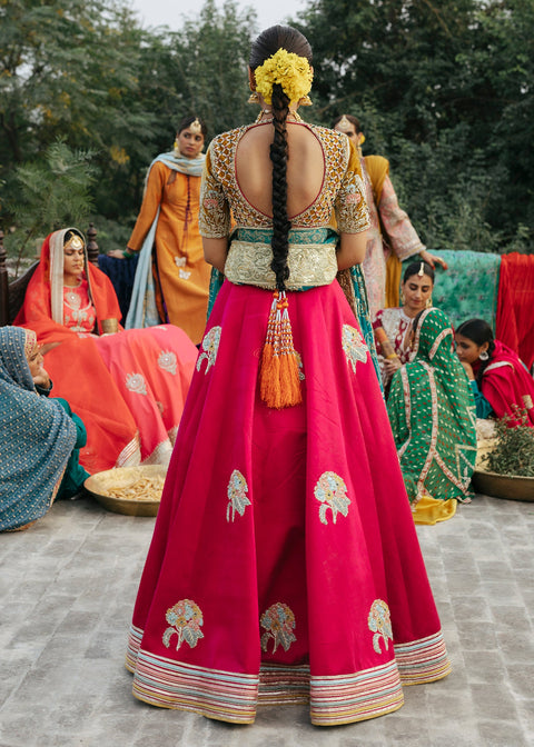 Bridal Dress Red Lehenga Yellow Choli and blue dupatta